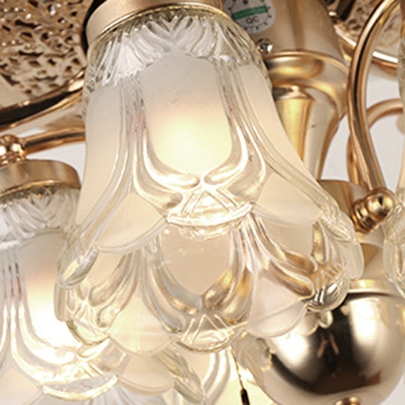 Traditional European Bell Floral Iron Wood PVC Glass 5-Light Downrods Ceiling Fan Light For Living Room Lumendat