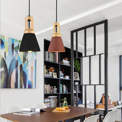 Contemporary Scandinavian Wood Cement Conic 1-Light Pendant Light For Dining Room
