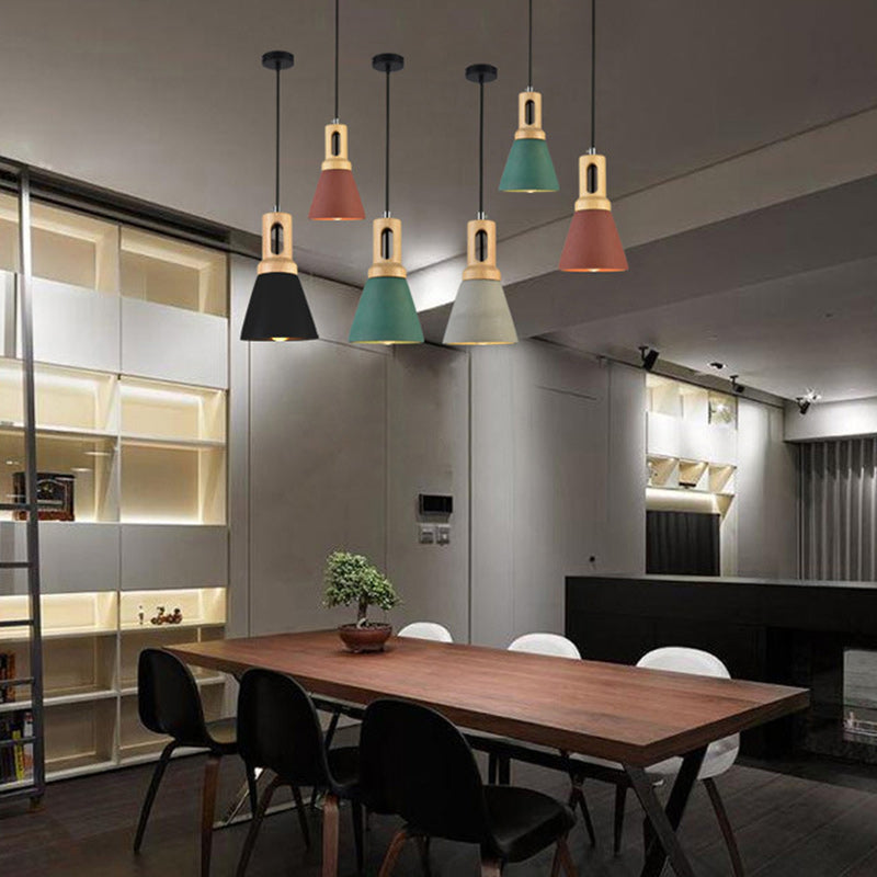 Contemporary Scandinavian Wood Cement Conic 1-Light Pendant Light For Dining Room