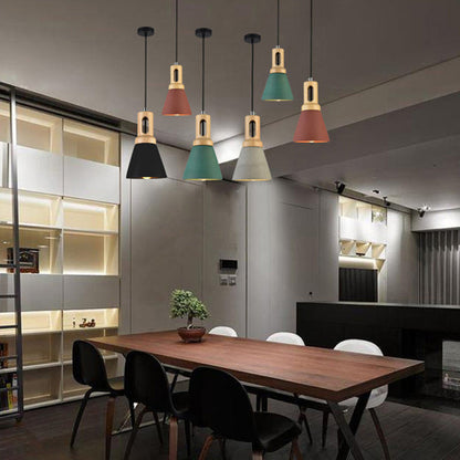 Contemporary Scandinavian Wood Cement Conic 1-Light Pendant Light For Dining Room