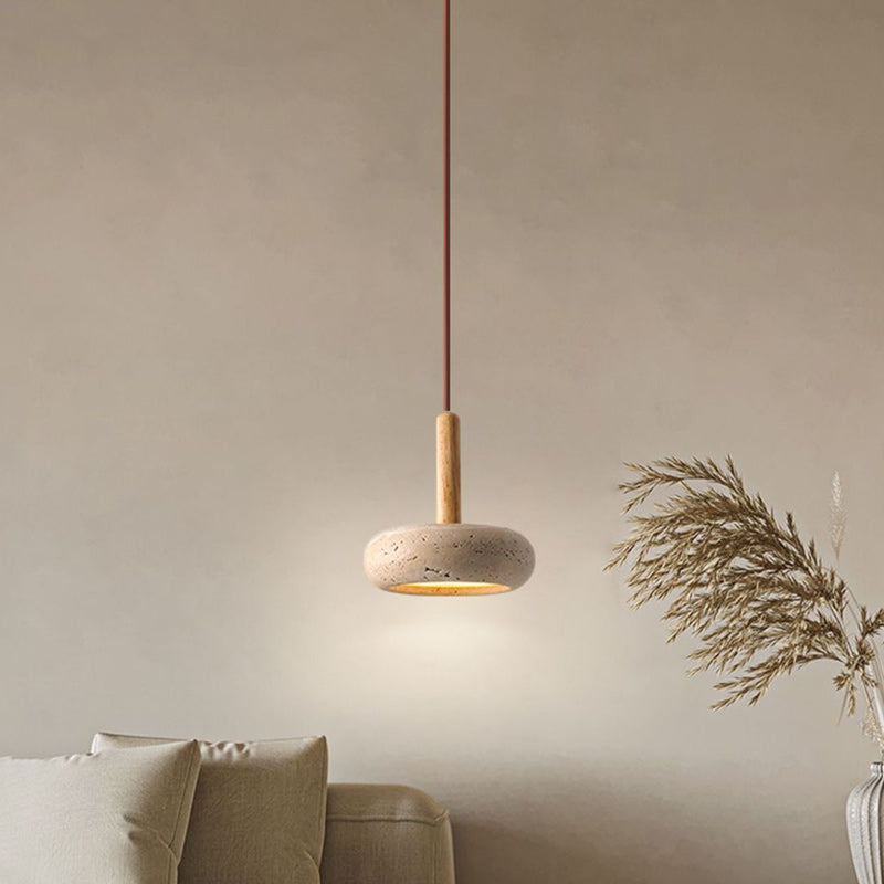 Traditional Japanese Round Travertine Wood LED Pendant Light Island Light for Dining Room BulbSquare