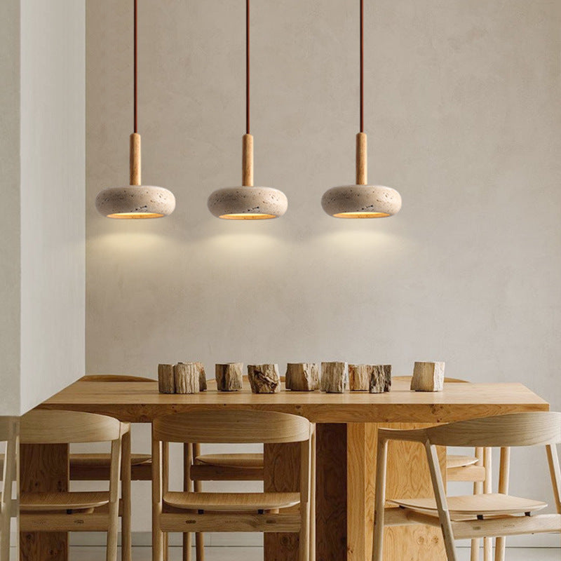 Traditional Japanese Round Travertine Wood LED Pendant Light Island Light for Dining Room BulbSquare
