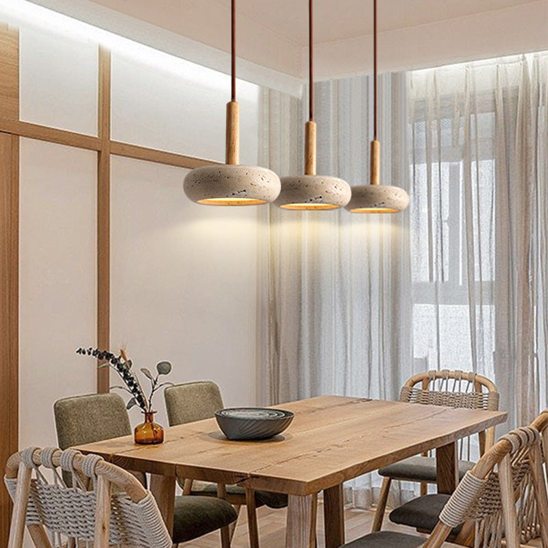 Traditional Japanese Round Travertine Wood LED Pendant Light Island Light for Dining Room BulbSquare