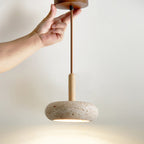 Traditional Japanese Round Travertine Wood LED Pendant Light Island Light for Dining Room BulbSquare