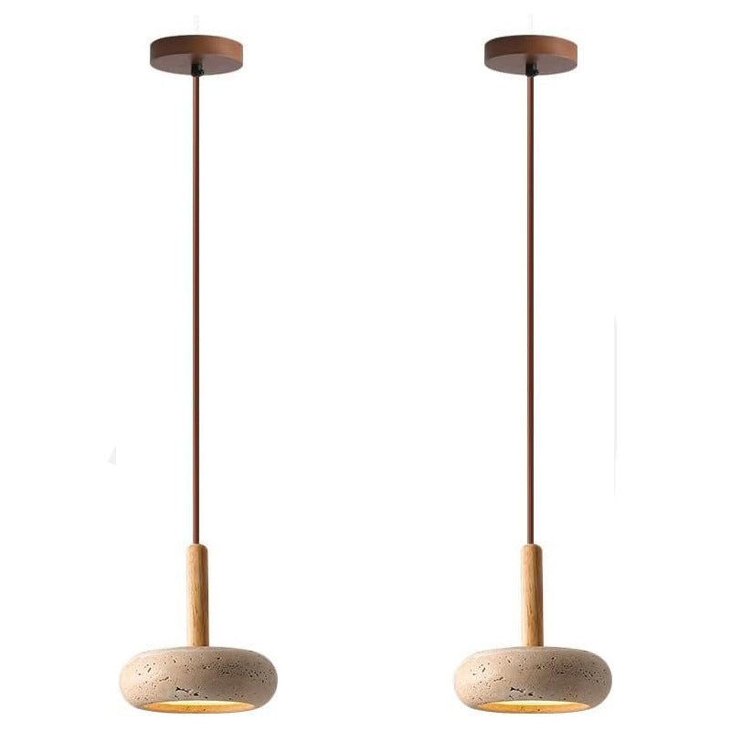 Traditional Japanese Round Travertine Wood LED Pendant Light Island Light for Dining Room BulbSquare