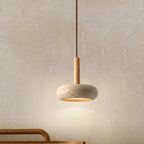 Traditional Japanese Round Travertine Wood LED Pendant Light Island Light for Dining Room BulbSquare