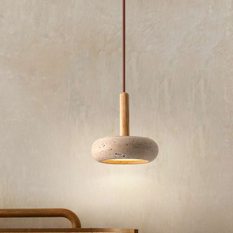Traditional Japanese Round Travertine Wood LED Pendant Light Island Light for Dining Room BulbSquare