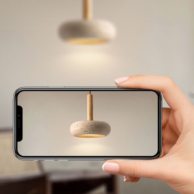Traditional Japanese Round Travertine Wood LED Pendant Light Island Light for Dining Room BulbSquare
