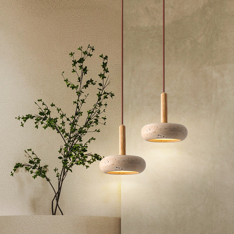 Traditional Japanese Round Travertine Wood LED Pendant Light Island Light for Dining Room BulbSquare