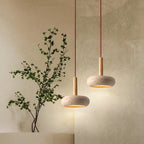 Traditional Japanese Round Travertine Wood LED Pendant Light Island Light for Dining Room BulbSquare