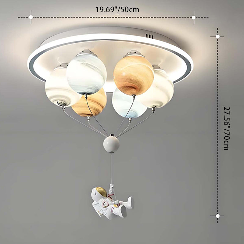 Contemporary Creative Kids Planet Space Hot Air Balloon Astronaut Iron Resin Glass 6-Light LED Semi-Flush Mount Ceiling Light For Bedroom Lumendat