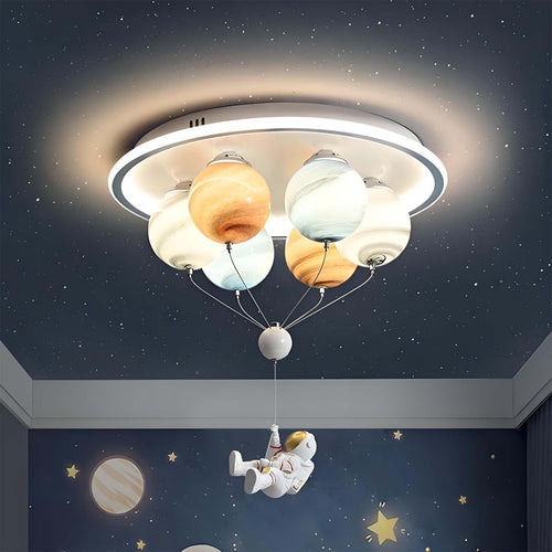 Contemporary Creative Kids Planet Space Hot Air Balloon Astronaut Iron Resin Glass 6-Light LED Semi-Flush Mount Ceiling Light For Bedroom Lumendat