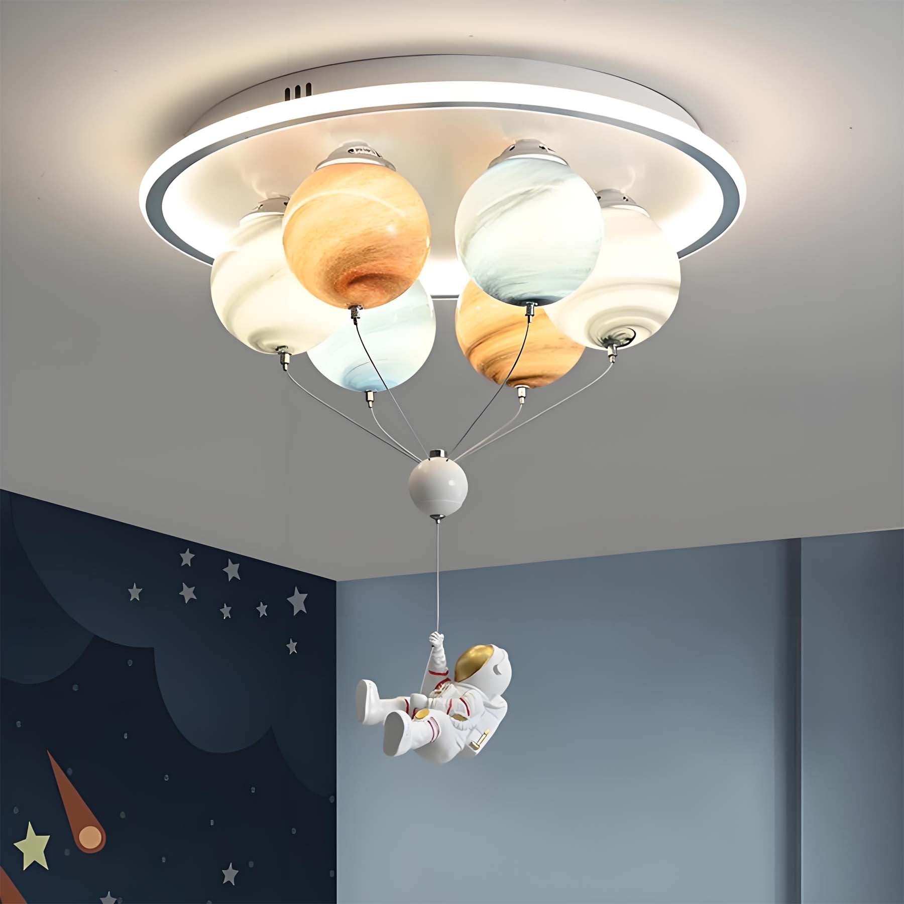 Contemporary Creative Kids Planet Space Hot Air Balloon Astronaut Iron Resin Glass 6-Light LED Semi-Flush Mount Ceiling Light For Bedroom Lumendat