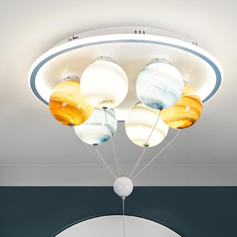 Contemporary Creative Kids Planet Space Hot Air Balloon Astronaut Iron Resin Glass 6-Light LED Semi-Flush Mount Ceiling Light For Bedroom Lumendat