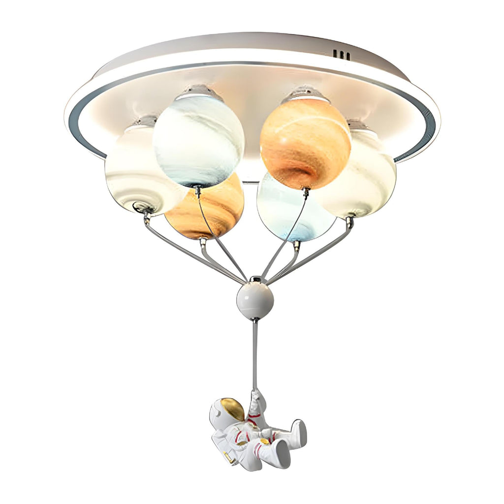Contemporary Creative Kids Planet Space Hot Air Balloon Astronaut Iron Resin Glass 6-Light LED Semi-Flush Mount Ceiling Light For Bedroom Lumendat