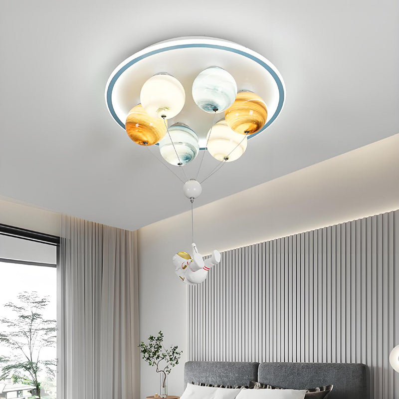 Contemporary Creative Kids Planet Space Hot Air Balloon Astronaut Iron Resin Glass 6-Light LED Semi-Flush Mount Ceiling Light For Bedroom Lumendat