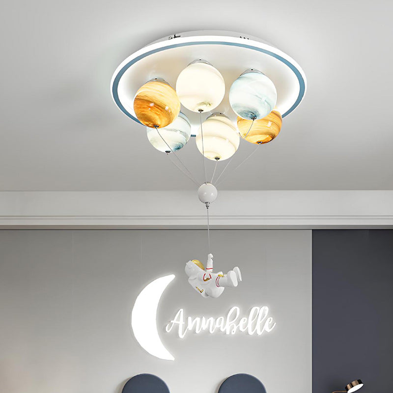 Contemporary Creative Kids Planet Space Hot Air Balloon Astronaut Iron Resin Glass 6-Light LED Semi-Flush Mount Ceiling Light For Bedroom Lumendat