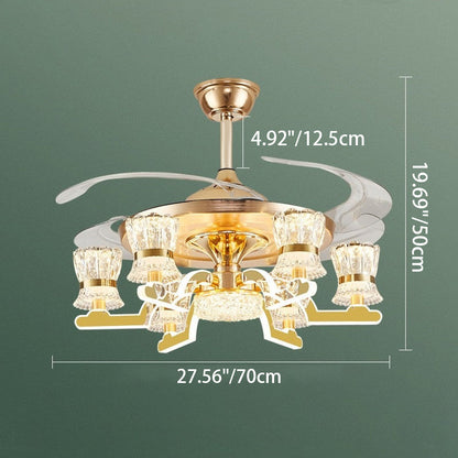 Traditional European Cylinder Iron Stainless Steel Crystal Acrylic LED Downrods Ceiling Fan Light For Living Room