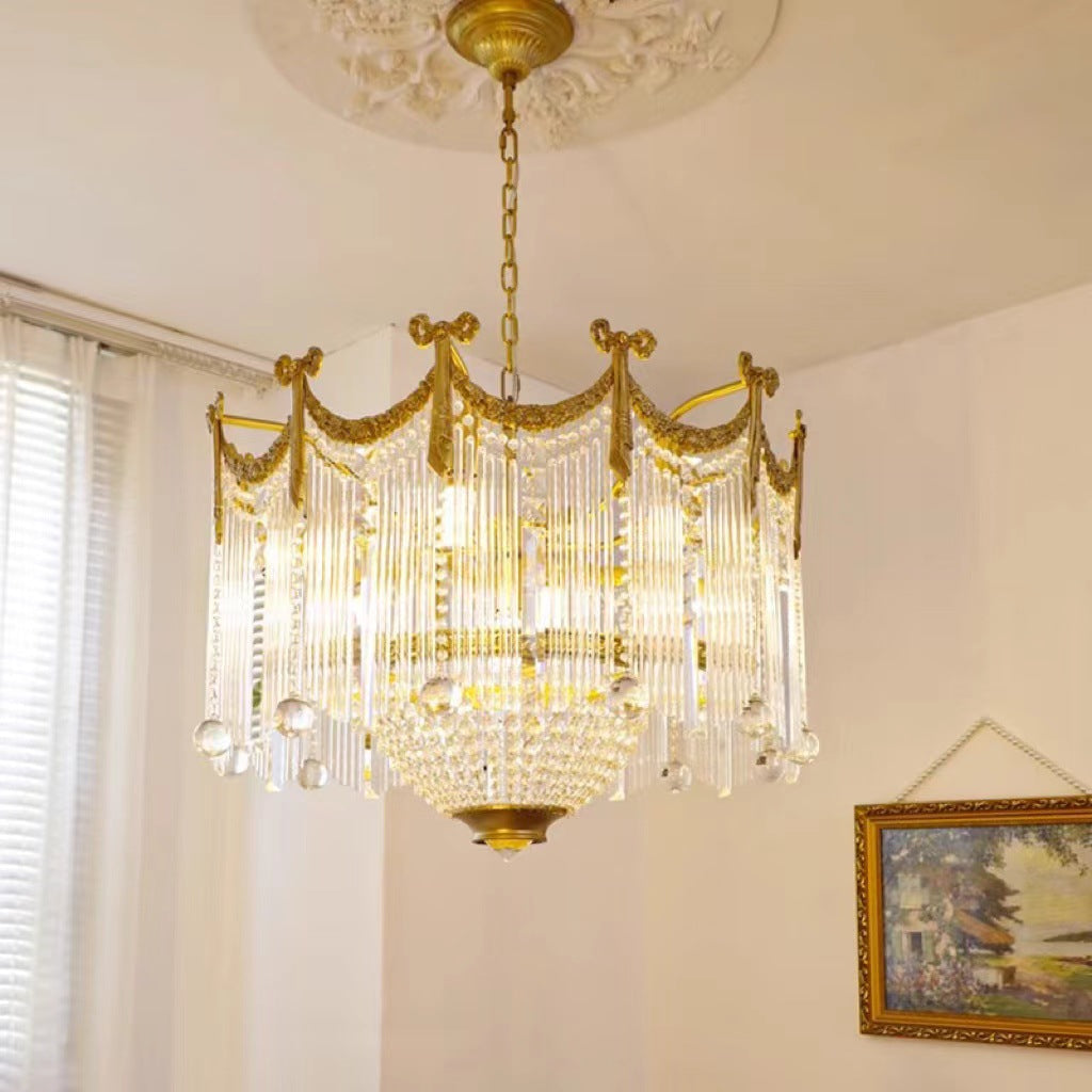 Traditional French Brass Crystal Bow Tie Tassel 4/6/8 Light Chandeliers for Living Room BulbSquare