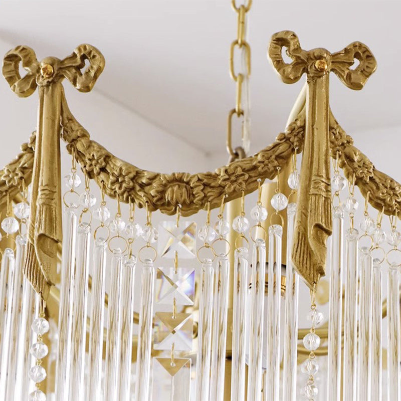 Traditional French Brass Crystal Bow Tie Tassel 4/6/8 Light Chandeliers for Living Room BulbSquare