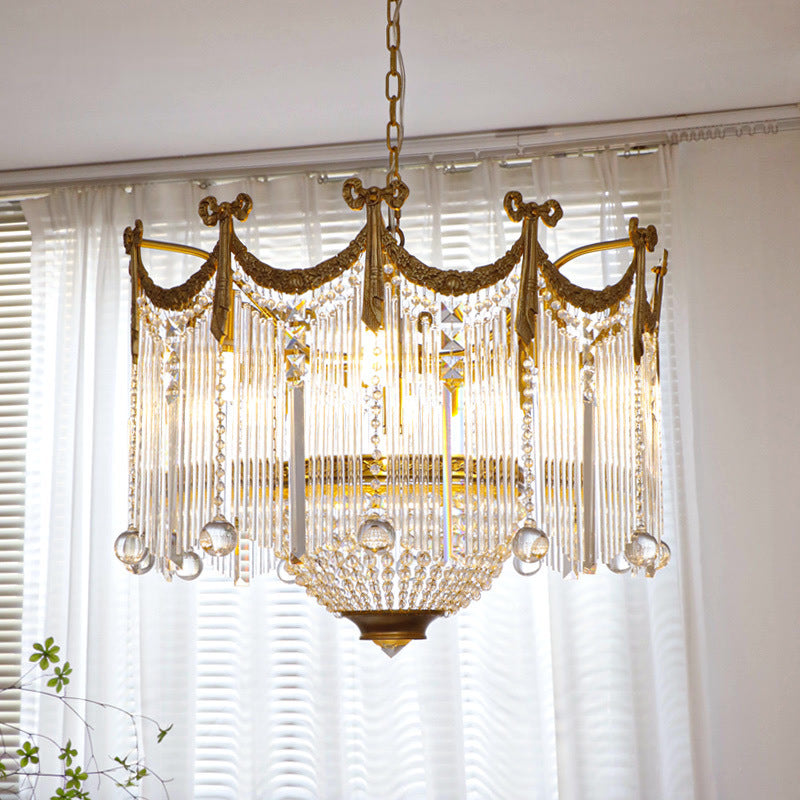 Traditional French Brass Crystal Bow Tie Tassel 4/6/8 Light Chandeliers for Living Room BulbSquare