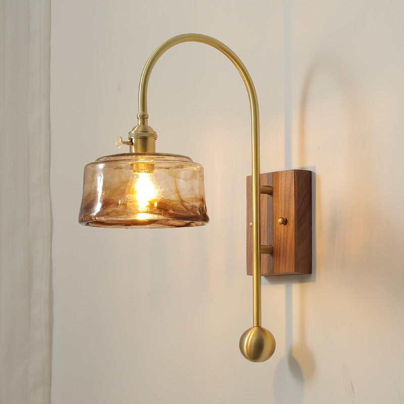 Contemporary Retro Brass Walnut Glass Round Diamond 1-Light Wall Sconce Lamp For Bedside