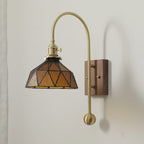 Contemporary Retro Brass Walnut Glass Round Diamond 1-Light Wall Sconce Lamp For Bedside