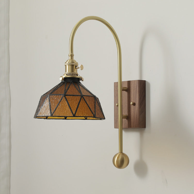 Contemporary Retro Brass Walnut Glass Round Diamond 1-Light Wall Sconce Lamp For Bedside