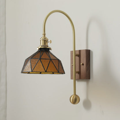 Contemporary Retro Brass Walnut Glass Round Diamond 1-Light Wall Sconce Lamp For Bedside