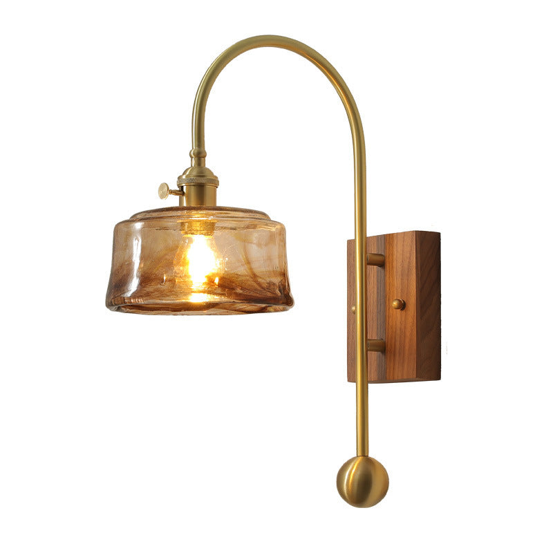 Contemporary Retro Brass Walnut Glass Round Diamond 1-Light Wall Sconce Lamp For Bedside