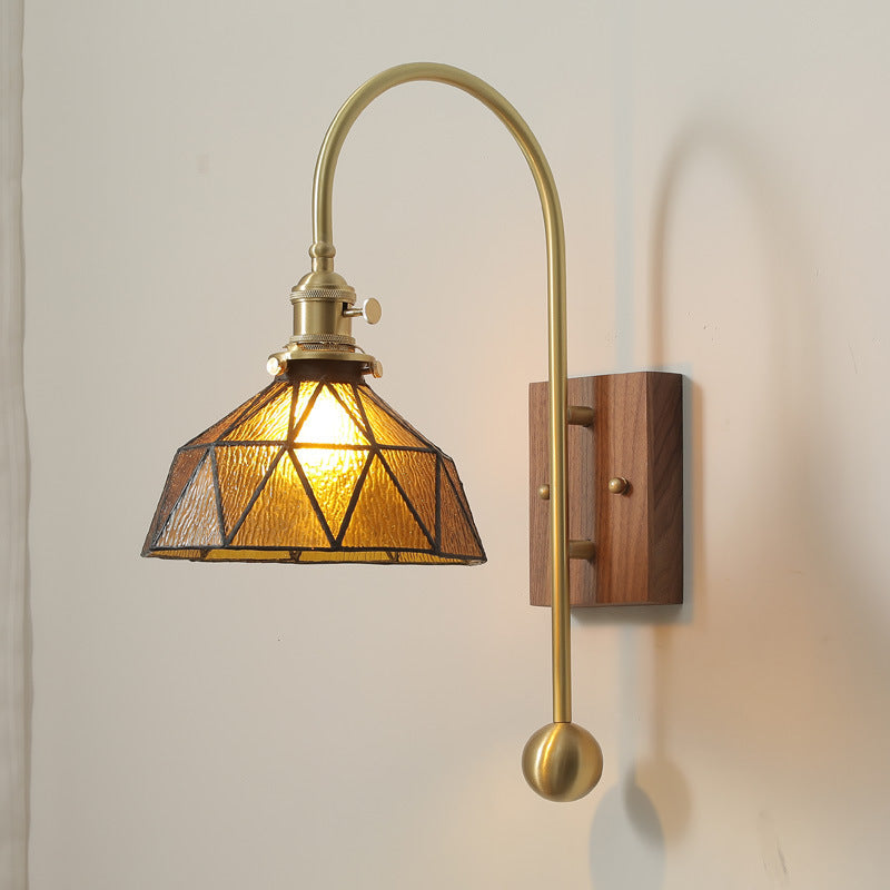 Contemporary Retro Brass Walnut Glass Round Diamond 1-Light Wall Sconce Lamp For Bedside