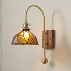 Contemporary Retro Brass Walnut Glass Round Diamond 1-Light Wall Sconce Lamp For Bedside