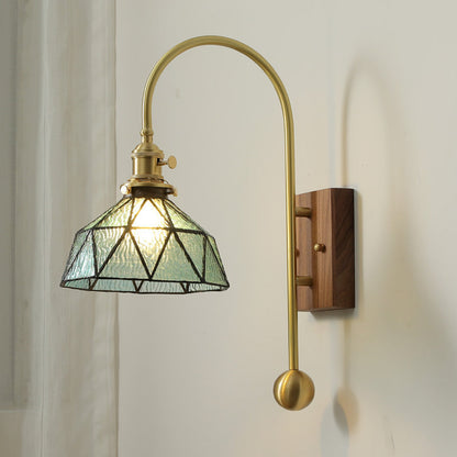 Contemporary Retro Brass Walnut Glass Round Diamond 1-Light Wall Sconce Lamp For Bedside