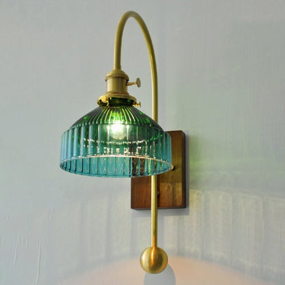 Contemporary Retro Brass Walnut Glass Round Diamond 1-Light Wall Sconce Lamp For Bedside