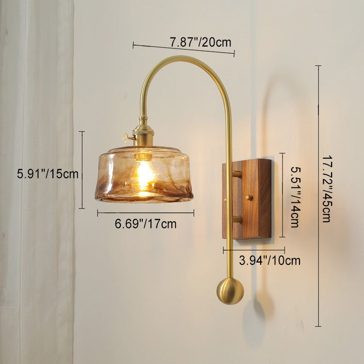 Contemporary Retro Brass Walnut Glass Round Diamond 1-Light Wall Sconce Lamp For Bedside