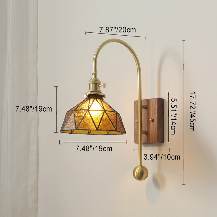 Contemporary Retro Brass Walnut Glass Round Diamond 1-Light Wall Sconce Lamp For Bedside