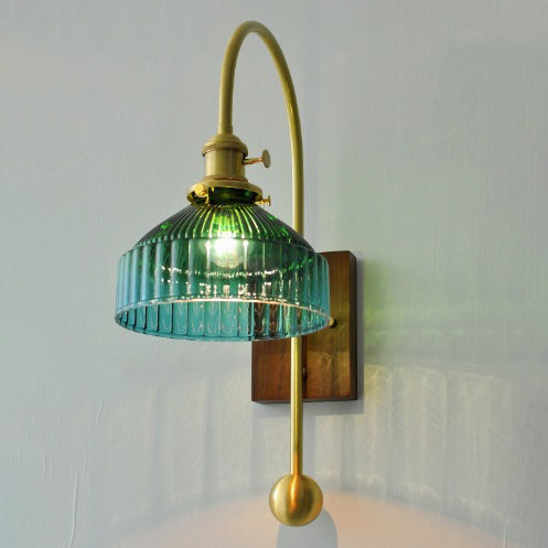 Contemporary Retro Brass Walnut Glass Round Diamond 1-Light Wall Sconce Lamp For Bedside