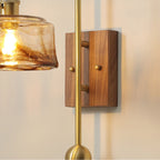 Contemporary Retro Brass Walnut Glass Round Diamond 1-Light Wall Sconce Lamp For Bedside