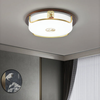 Traditional Chinese Sandalwood Hardware Stainless Steel Acrylic Rectangular Square Round Cymbidium LED Flush Mount Ceiling Light For Living Room