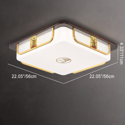 Traditional Chinese Sandalwood Hardware Stainless Steel Acrylic Rectangular Square Round Cymbidium LED Flush Mount Ceiling Light For Living Room