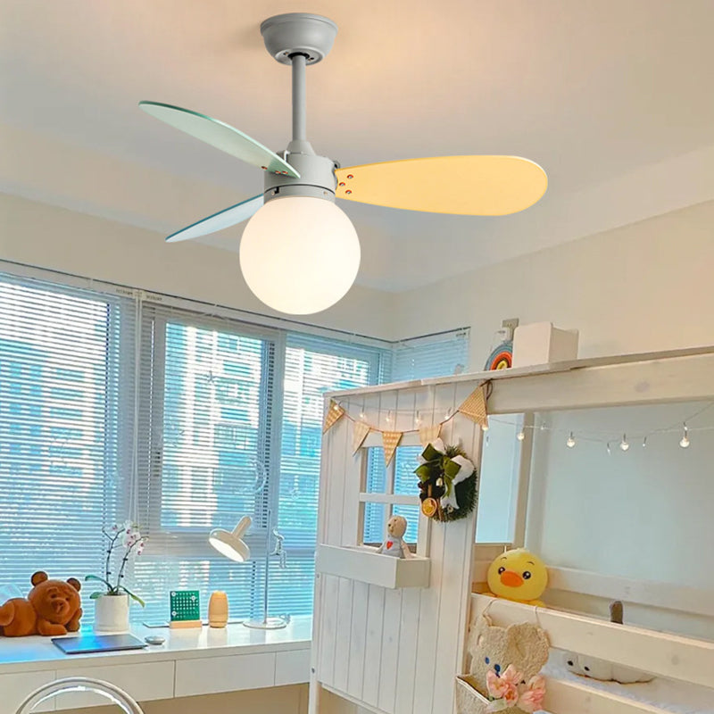 Contemporary Nordic Wood Iron Acrylic Ball 1-Light Downrods Ceiling Fan Light For Bedroom