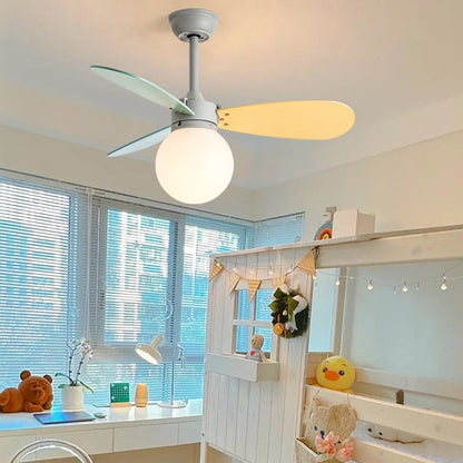 Contemporary Nordic Wood Iron Acrylic Ball 1-Light Downrods Ceiling Fan Light For Bedroom