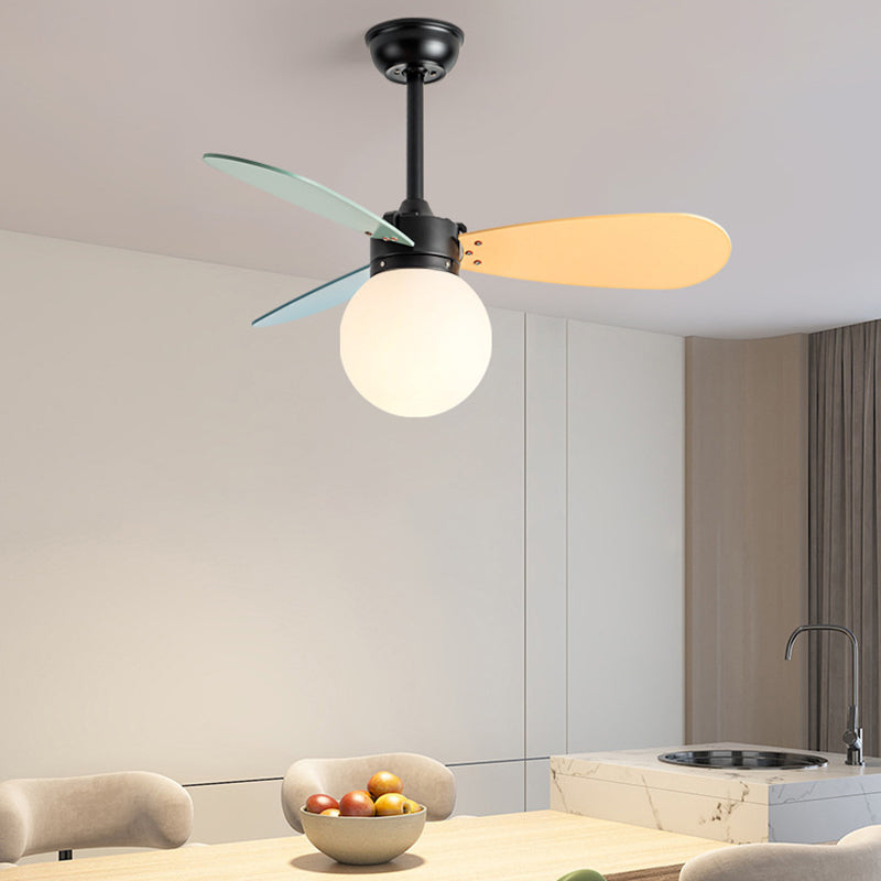 Contemporary Nordic Wood Iron Acrylic Ball 1-Light Downrods Ceiling Fan Light For Bedroom
