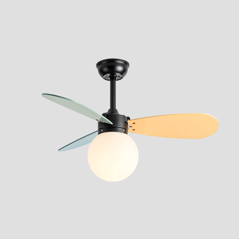 Contemporary Nordic Wood Iron Acrylic Ball 1-Light Downrods Ceiling Fan Light For Bedroom