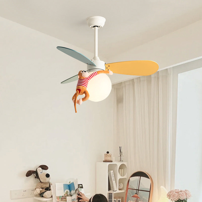 Contemporary Nordic Wood Iron Acrylic Ball 1-Light Downrods Ceiling Fan Light For Bedroom
