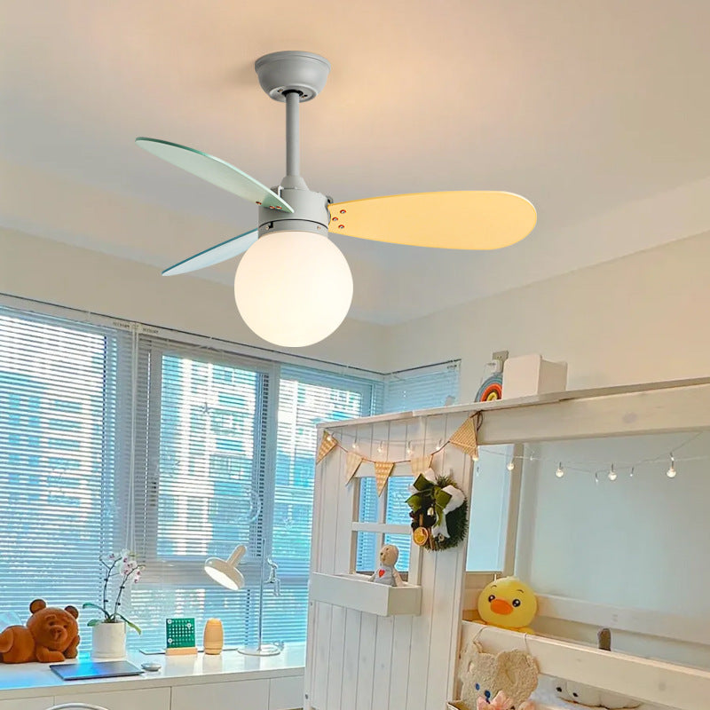 Contemporary Nordic Wood Iron Acrylic Ball 1-Light Downrods Ceiling Fan Light For Bedroom