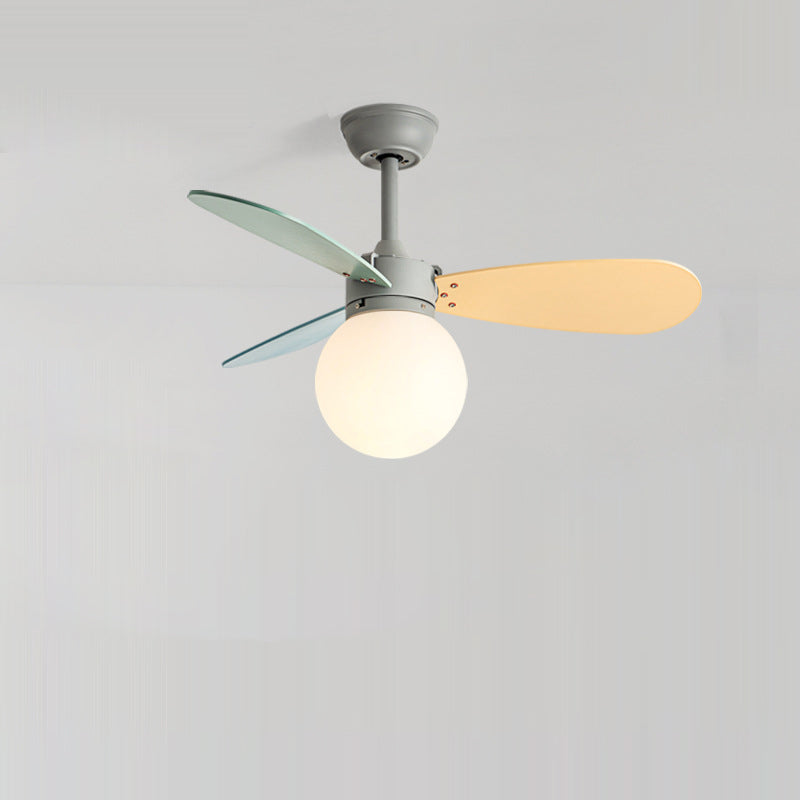 Contemporary Nordic Wood Iron Acrylic Ball 1-Light Downrods Ceiling Fan Light For Bedroom