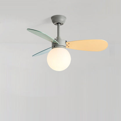 Contemporary Nordic Wood Iron Acrylic Ball 1-Light Downrods Ceiling Fan Light For Bedroom