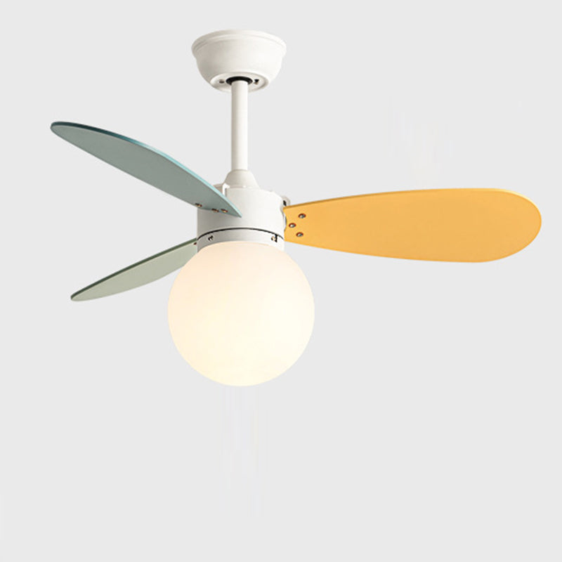 Contemporary Nordic Wood Iron Acrylic Ball 1-Light Downrods Ceiling Fan Light For Bedroom
