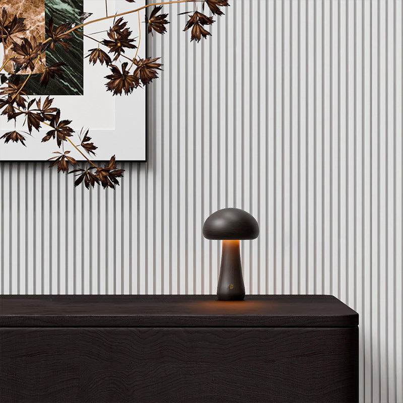 Contemporary Scandinavian Rechargeable Solid Wood Mushroom LED Table Lamp Night Light For Bedside Lumendat